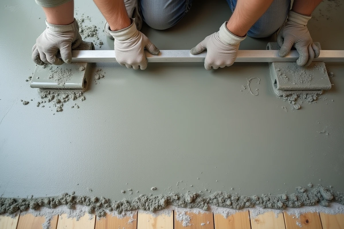 Lissage d'une chape ciment fraîche avec une règle en aluminium sur un sol de maison
