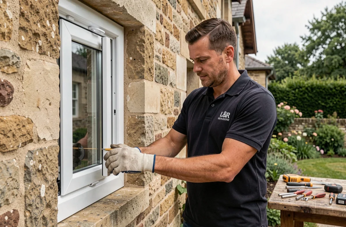 Artisan de L&R Menuiserie posant une fenêtre en PVC blanc sur une maison traditionnelle française
