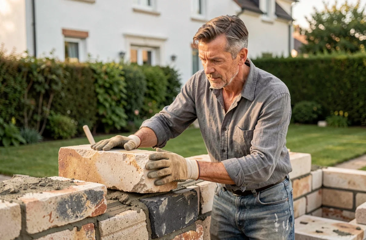 Maçon posant des pierres de moellon pour construire une clôture dans un jardin résidentiel, avec détail des textures de pierre et du mortier entre les assises