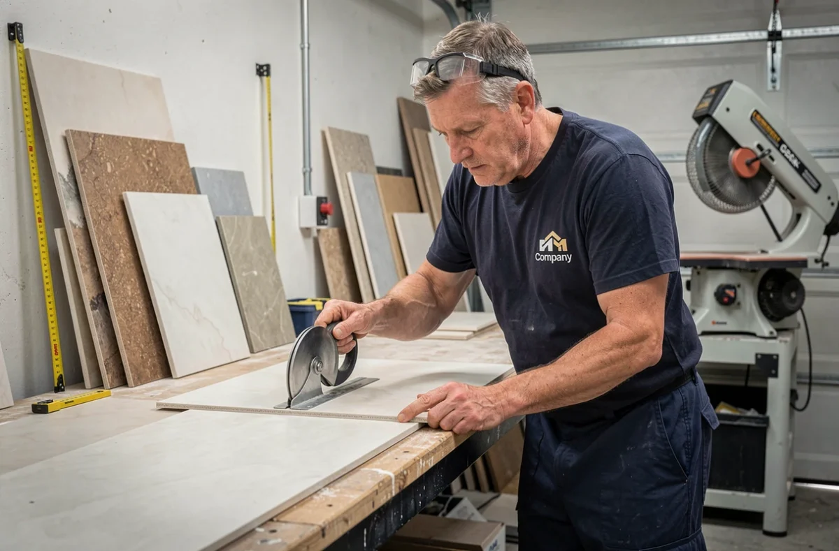 Artisan Maillard découpant une dalle de carrelage en porcelaine dans son atelier