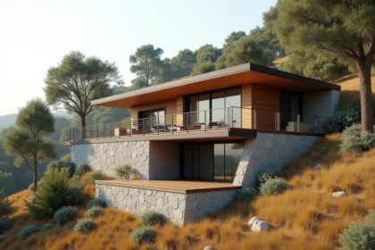 Maison de plain pied 4 chambres construite sur terrain en pente avec fondations en béton et terrasse en bois