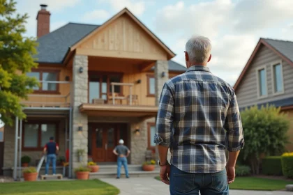 Homme en jeans observe la construction d'une maison en rénovation