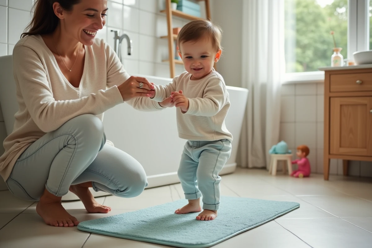 Jeune maman avec son enfant sur tapis antidérapant dans la salle de bain