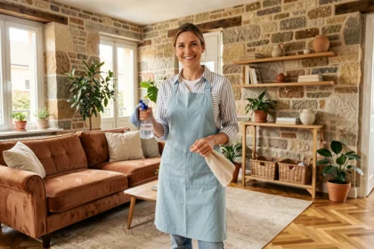 Femme de ménage professionnelle dans un appartement bordelais propre et rangé, tenant une bouteille de spray et un chiffon en microfibre