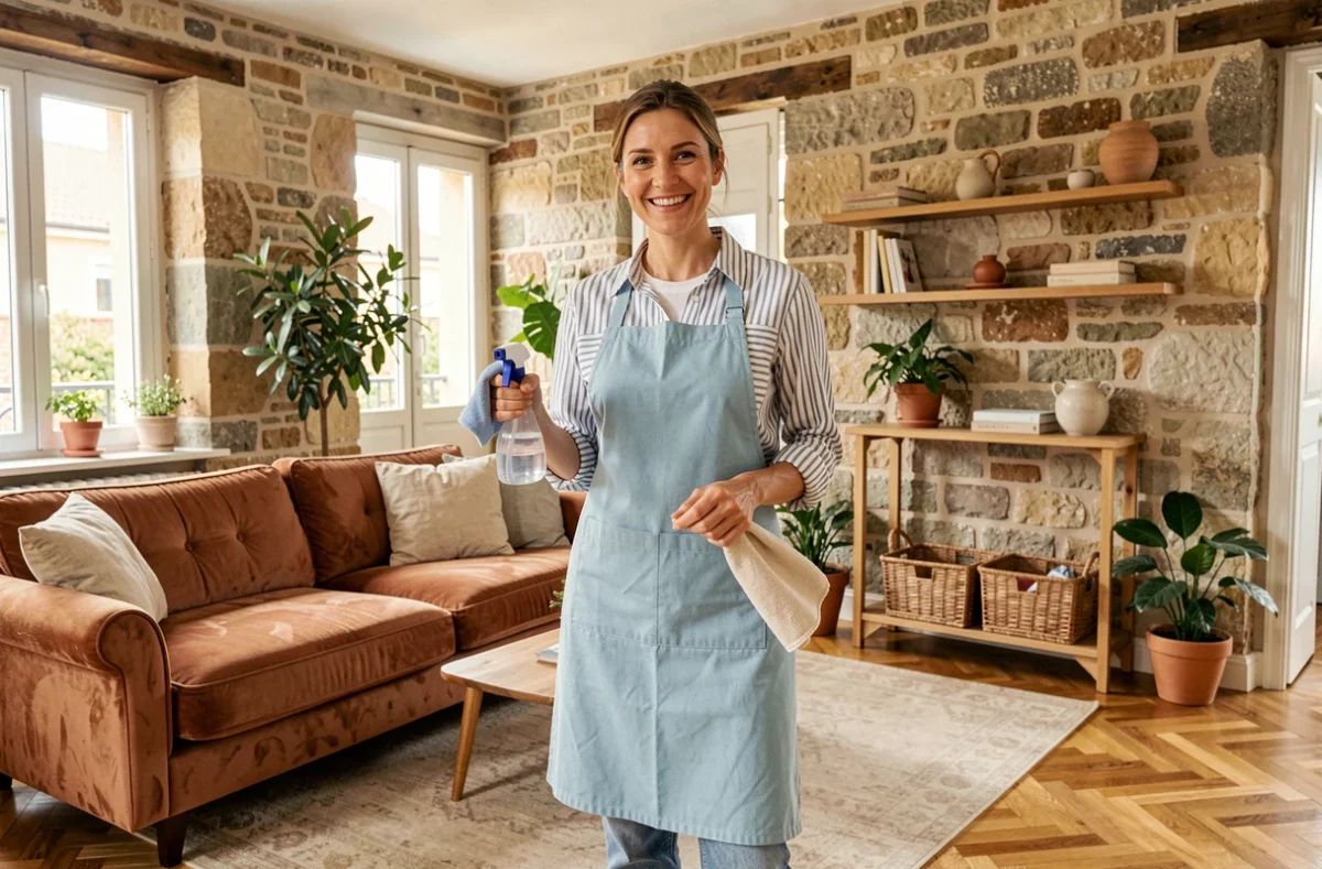Femme de ménage professionnelle dans un appartement bordelais propre et rangé, tenant une bouteille de spray et un chiffon en microfibre
