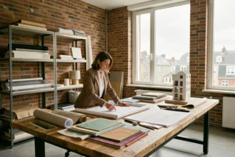 Architecte d'intérieur dans un studio moderne du Pas-de-Calais entourée de plans et d'échantillons de matériaux