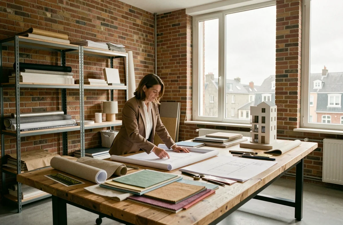 Architecte d'intérieur dans un studio moderne du Pas-de-Calais entourée de plans et d'échantillons de matériaux