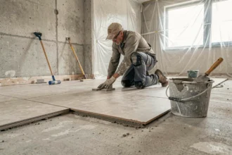 Carreleur professionnel posant du carrelage grand format dans une maison en rénovation en Moselle