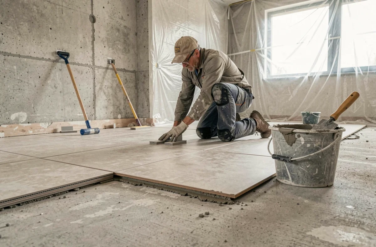 Carreleur professionnel posant du carrelage grand format dans une maison en rénovation en Moselle