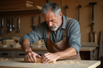Menuisier inspectant un assemblage à tenon et mortaise en chêne avant collage dans un atelier traditionnel