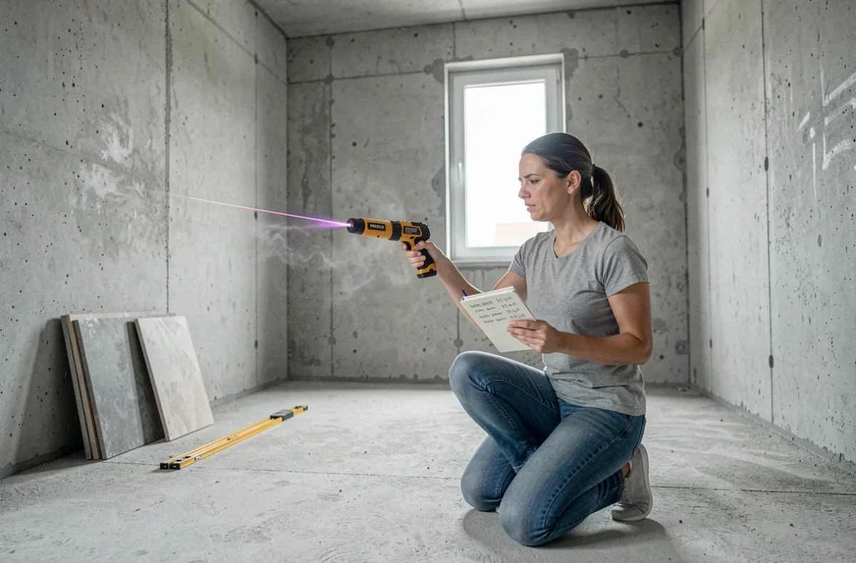 Femme mesurant les dimensions d'une pièce vide avec un télémètre laser pour calculer le volume en mètres cubes