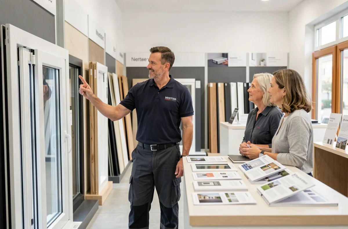 Conseiller Mister Fenetres présentant des modèles de fenêtres PVC et aluminium à des clients dans un showroom de rénovation