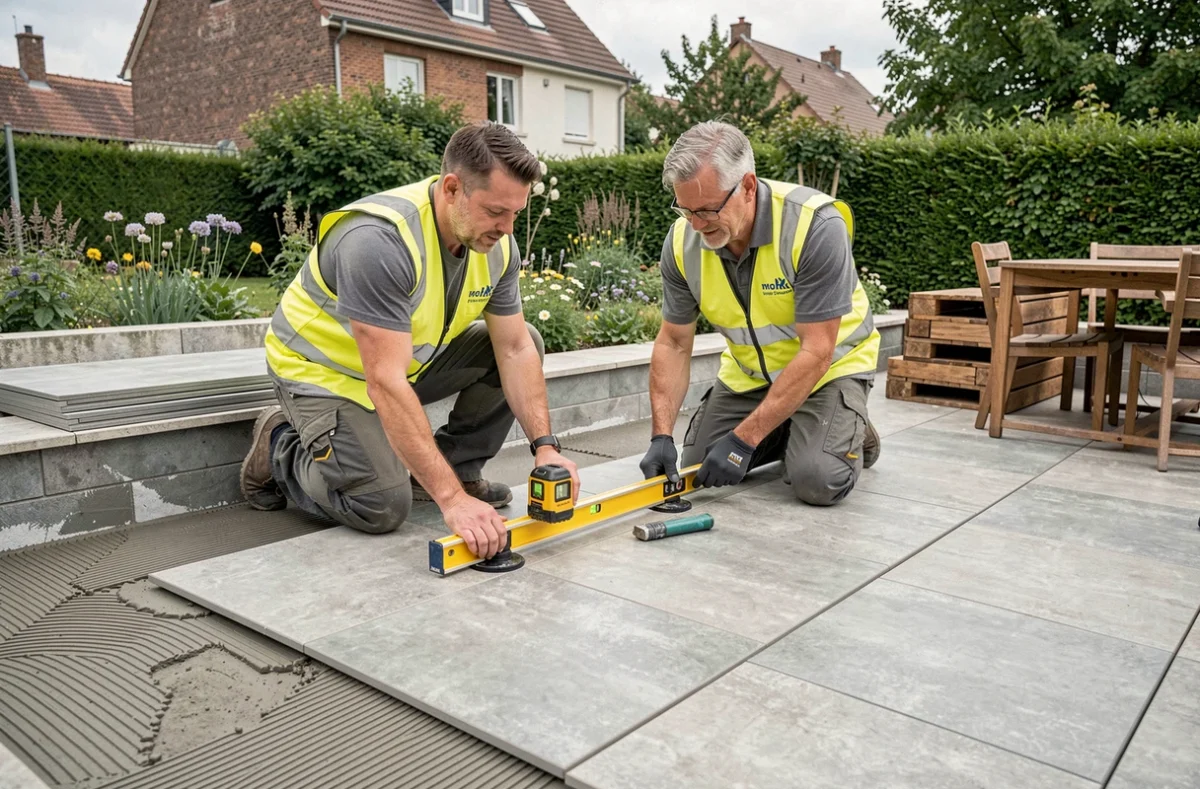 Équipe de Moselle Carrelage Services installant du carrelage de terrasse extérieure dans une propriété résidentielle