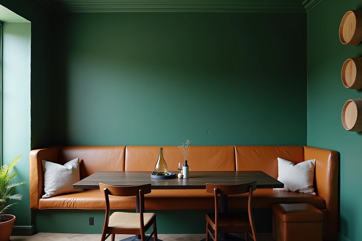 Mur d'accent vert bouteille derrière une banquette en cuir dans une salle à manger style bistrot