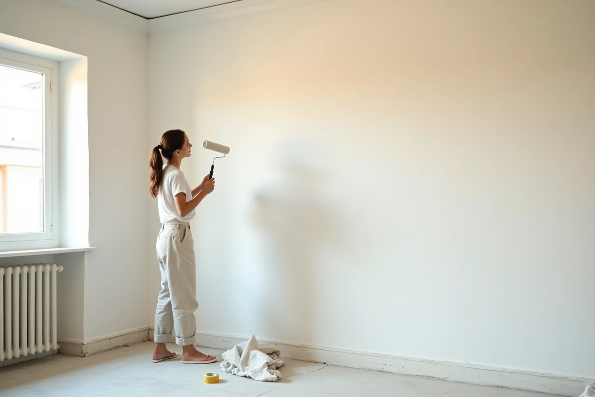 Femme admirant un mur en placo isolé fraîchement rénové et peint dans un salon intérieur