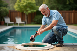 Homme d'âge moyen nettoyant un filtre de piscine dans un jardin