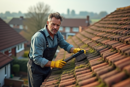 Ouvrier en tenue de travail nettoyant un toit avec brosse à mousse