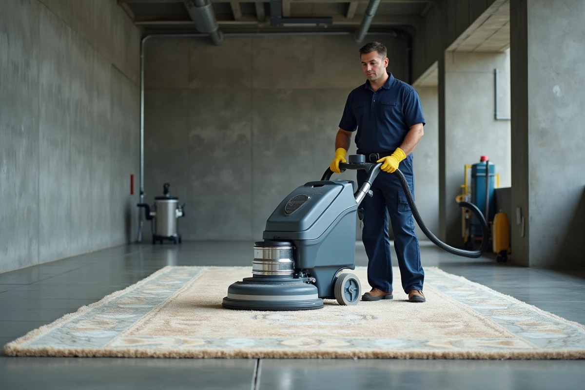 Technicien professionnel nettoyant un grand tapis avec une machine spécialisée dans un atelier de nettoyage à sec