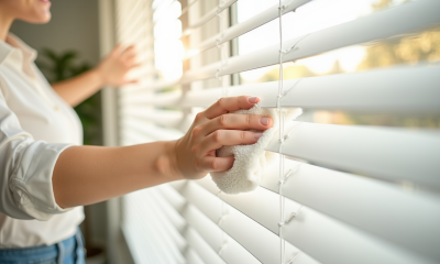 Personne nettoyant volets en blanc avec un chiffon dans un salon lumineux