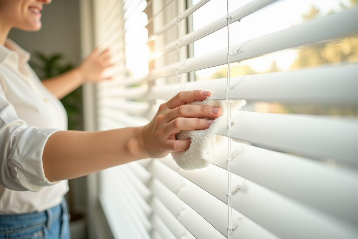 Personne nettoyant volets en blanc avec un chiffon dans un salon lumineux