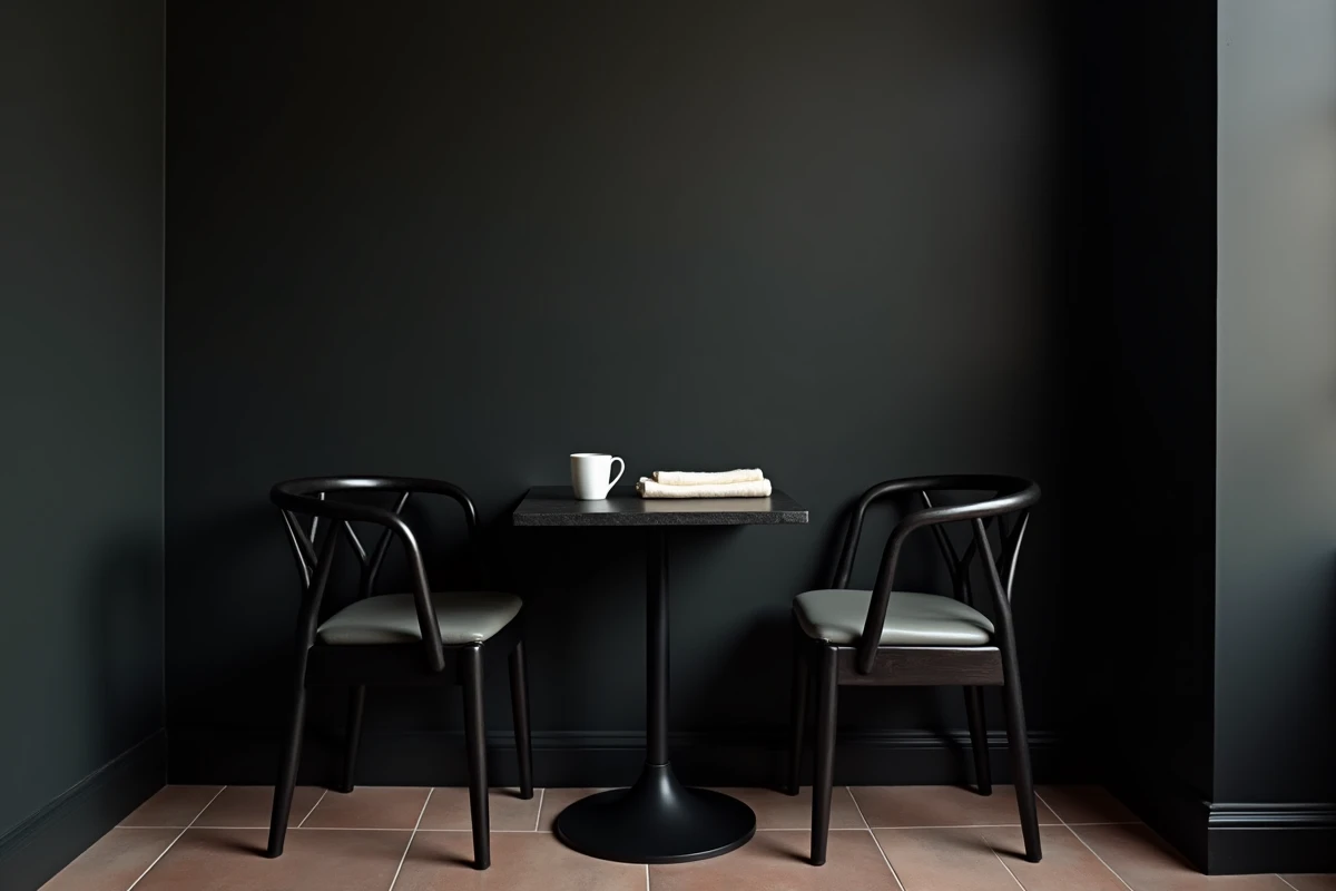 Petit coin repas en total look noir mat avec table, chaises et murs entièrement dans des tons noirs