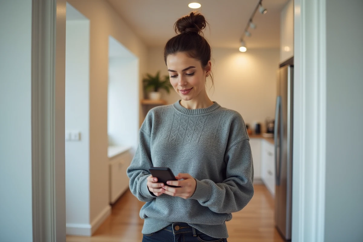 Femme recevant une notification d'alarme intrusion sur son smartphone dans son domicile