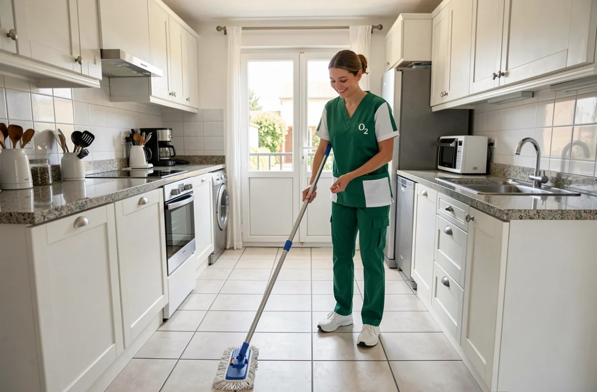 Professionnelle O2 Care Services en uniforme vert nettoyant le sol d'une cuisine moderne dans une maison de la région bordelaise