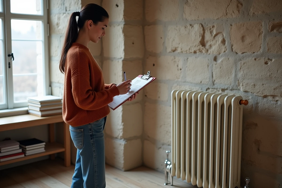 Femme calculant la puissance d'un radiateur en fonte d'occasion lors d'une rénovation de maison ancienne
