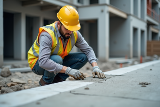 Ouvrier en sécurité appliquant du mortier sur une dalle de beton