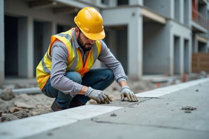 Ouvrier en sécurité appliquant du mortier sur une dalle de beton