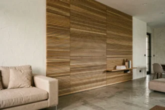 Panneau latte bois sur mesure en chêne naturel couvrant un mur entier dans un salon moderne minimaliste