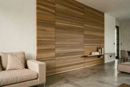 Panneau latte bois sur mesure en chêne naturel couvrant un mur entier dans un salon moderne minimaliste