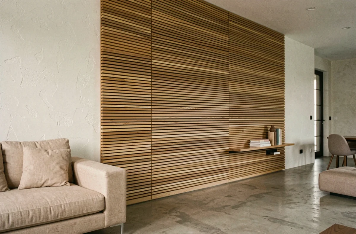 Panneau latte bois sur mesure en chêne naturel couvrant un mur entier dans un salon moderne minimaliste