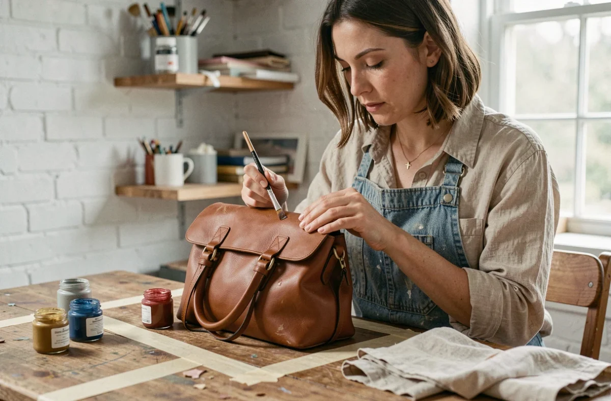 Femme peignant un sac en cuir vintage avec de la peinture acrylique pour cuir dans un atelier fait maison