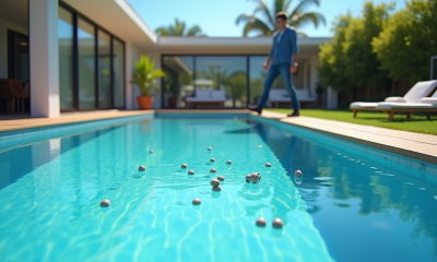 Piscine en fibre de verre dans un jardin moderne avec un propriétaire frustré
