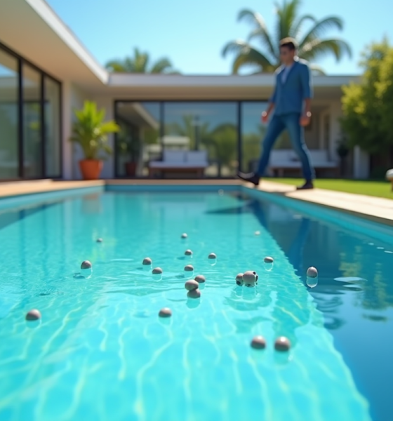 Piscine en fibre de verre dans un jardin moderne avec un propriétaire frustré