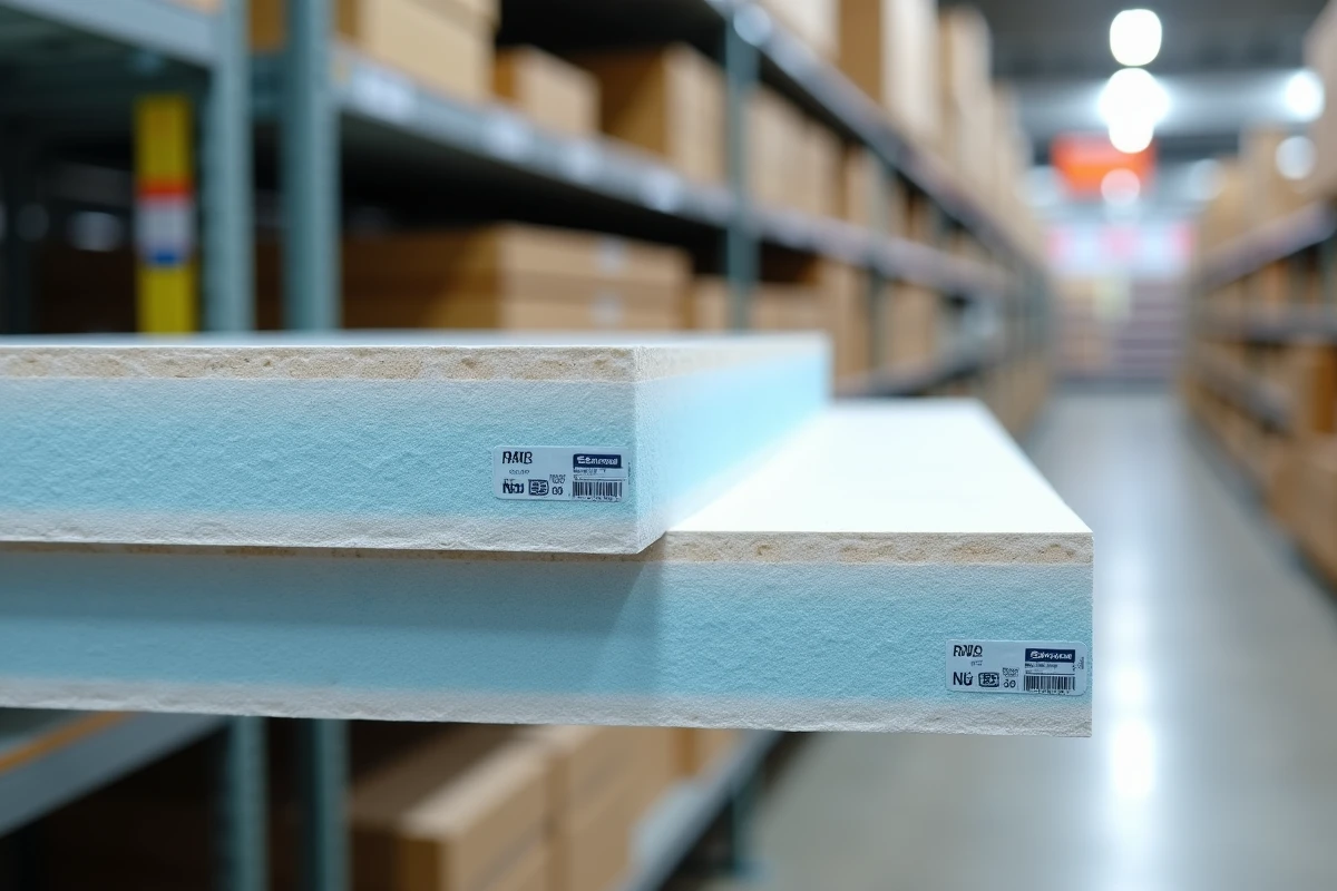 Plaques de plâtre avec isolant intégré exposées en rayon dans un magasin de bricolage