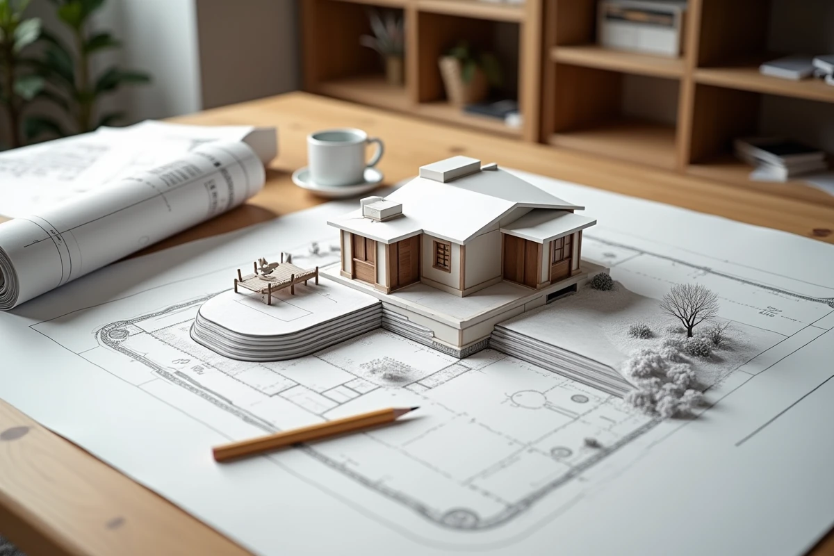 Plan de maison plain pied 4 chambres sur terrain en pente avec maquette architecturale et blueprints sur table à dessin