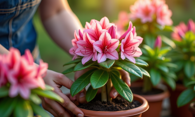 Mains de jardinier plantant un rhododendron dans un pot