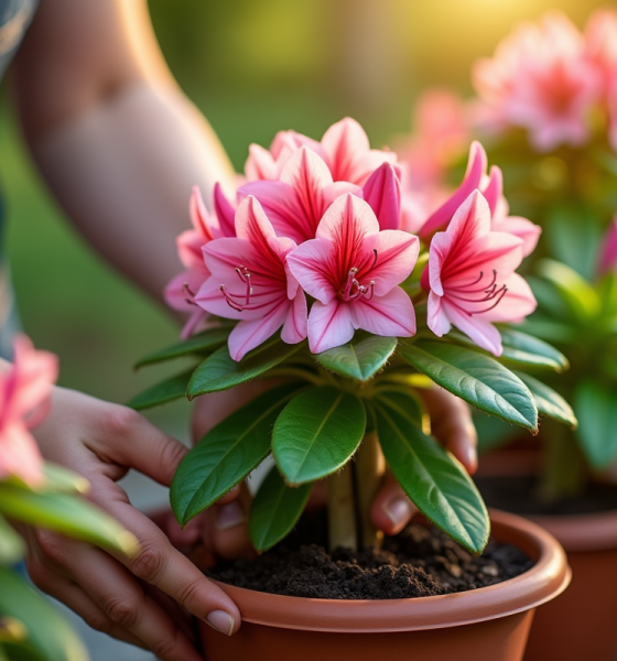 Mains de jardinier plantant un rhododendron dans un pot