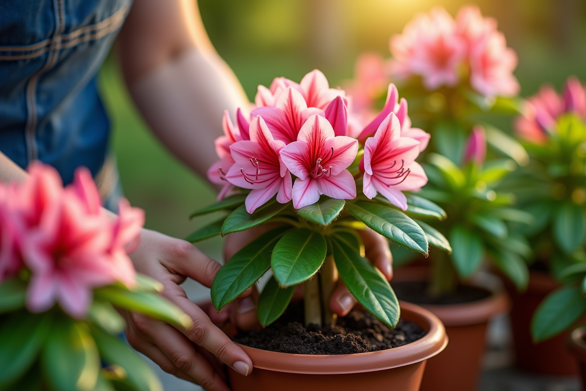 Mains de jardinier plantant un rhododendron dans un pot