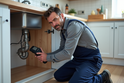 Plombier professionnel examine un tuyau sous l'évier de cuisine
