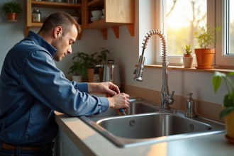 Plombier professionnel travaillant sous un évier moderne
