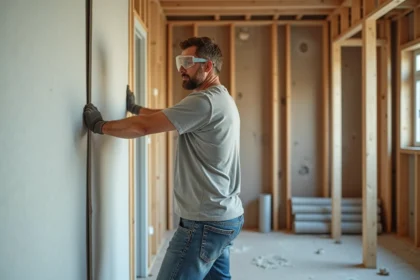 Ouvrier posant des plaques de plâtre isolées sur une ossature bois lors d'une rénovation intérieure