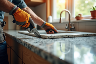 Main d'un ouvrier posant un plan de travail en granit dans la cuisine