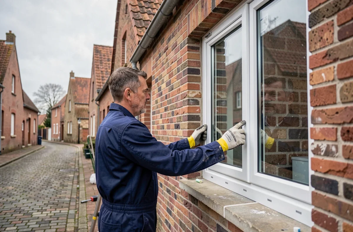 Poseur de fenêtres professionnel installant une fenêtre double vitrage sur une maison en brique dans les Hauts-de-France