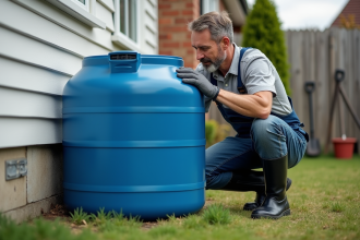 Homme en overalls posant une grande cuve d'eau de pluie