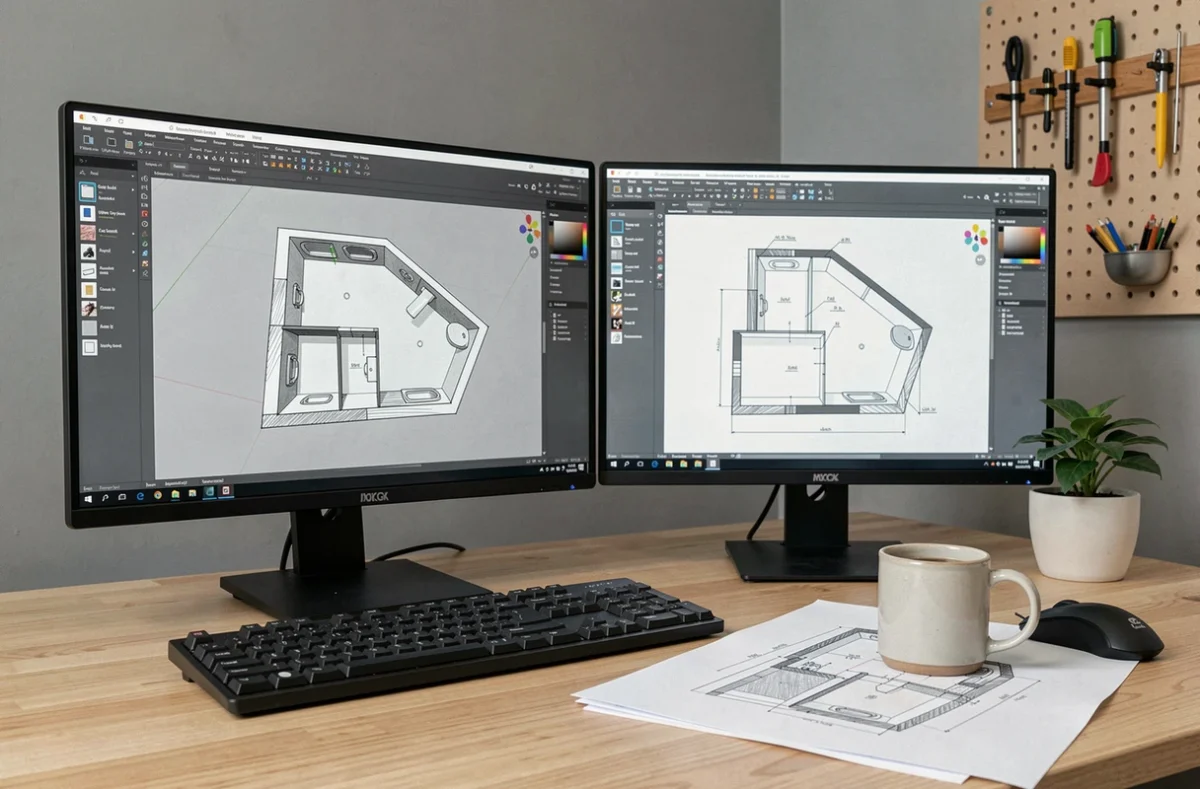 Poste de travail de conception 3D avec logiciel de plan de salle de bain sur double écran et esquisses manuscrites