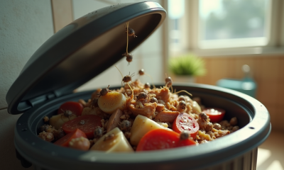 Poubelle de cuisine ouverte avec des asticots sur déchets organiques