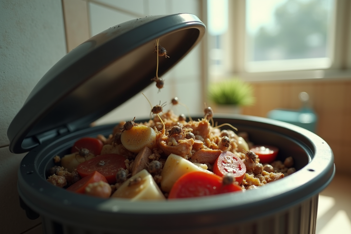 Poubelle de cuisine ouverte avec des asticots sur déchets organiques